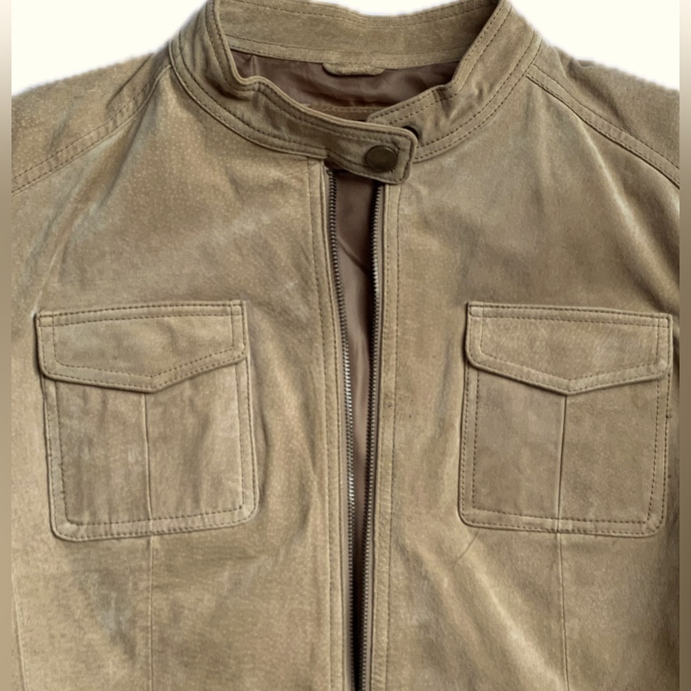 Suede lined beige tan moto jacket, women's, zipper closure, NY & Co | large